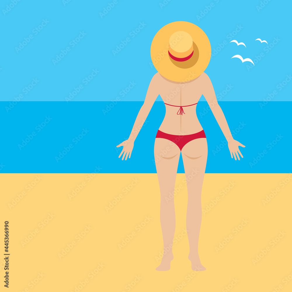 Young slim woman in red bikini standing with her back vector. Beautiful woman with a big straw hat standing on the beach vector