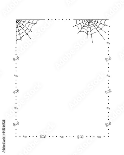 Spider web, polka dots and little spiders frame simple hand drawn vector outline illustration of doodle fancy Halloween scary decor elements, perfect for Halloween party, cartoon spooky character