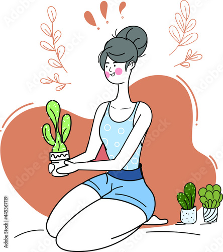 A girl with cactus plant, plantation at home, plant lady