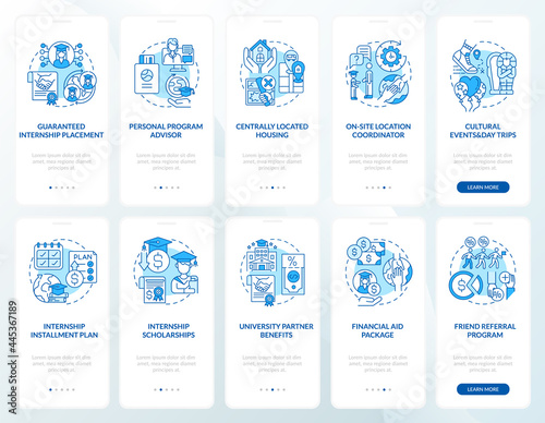 Job training programs onboarding mobile app page screens set. Financial aid walkthrough 5 steps graphic instructions with concepts. UI, UX, GUI vector template with linear color illustrations