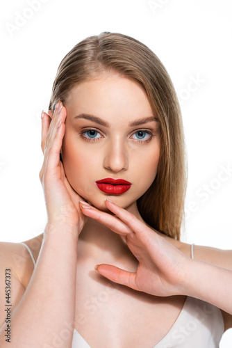 pretty young woman with blue eyes and red lips isolated on white