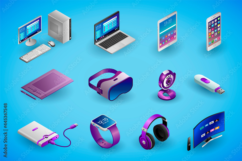 Realistic electronic devices and gadgets in isometry. Vector isometric ...