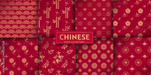 Chinese seamless pattern. Vector set. Floral, marine, geometric textures. Lotus, bamboo, sea waves, garnet, sakura, chrysanthemum, peony. Flowers and leafs. Gold ornament
