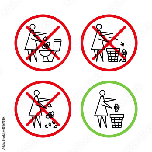 Do not litter in the toilet. Toilet no trash. Woman throws sanitary towels in the lavatory. Please use trash can for paper towels, sanitary products. Prohibition icons. Forbidden placard