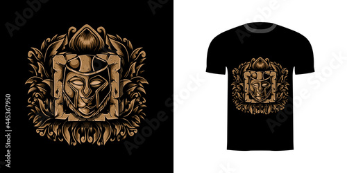 retro illustration lion warrior for tshirt design, badge design character with engraving ornament