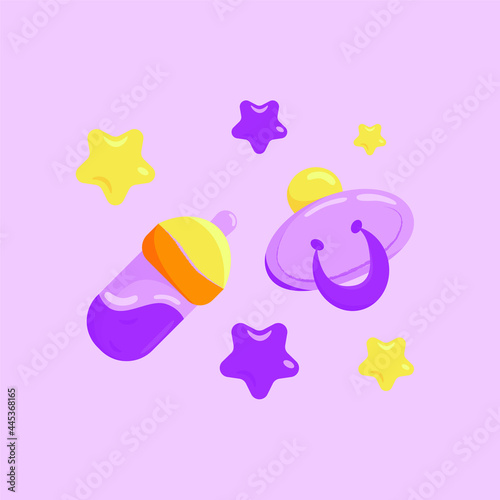 Vector baby set of bottles and pacifiers for a newborn girl