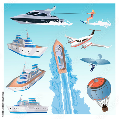 Set with water transport, cruise big ship, Balloon, hang glider, old airplane model, private jet, modern yacht, girl water skiing. Collection with tourist transport. Vector illustration. Isolated