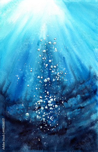 Watercolor illustration of an underwater scene with turquoise water  rays of light breaking through the ocean and rising air bubbles 
