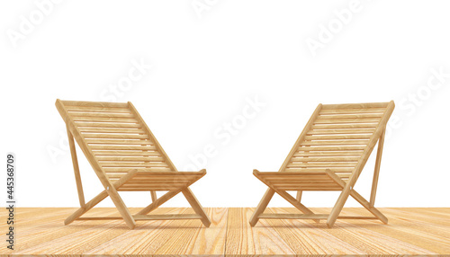 Two empty wooden deck chairs on a wooden surface. 3D illustration 