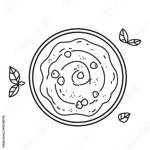 Chickpeas hummus icon. Plate with hummus top view. Line illustration vector. Isolate icon on white background. Traditional food Israel. Chickpea is a vegetarian food.