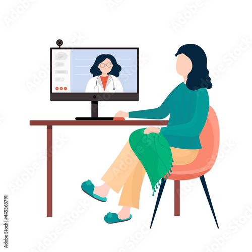 Vector illustration doctor in mask give online consultation her patient about vaccination card Covid-19. Period of coronavirus or sick. Video conferencing at home.