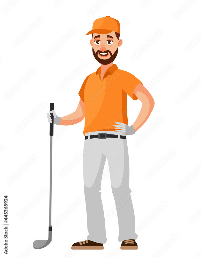 Golfer holding club. Male person in cartoon style.