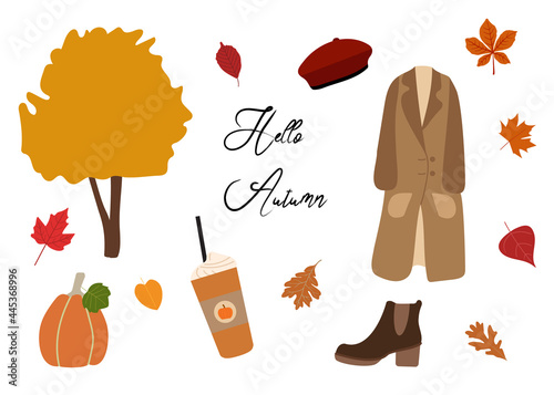 Hello autumn flat vector set illustration. Warm coat, orange pumpkin, brown boot, beret, coffee cup, fall leaves. Isolated on white background. Great for cards, print, stickers.