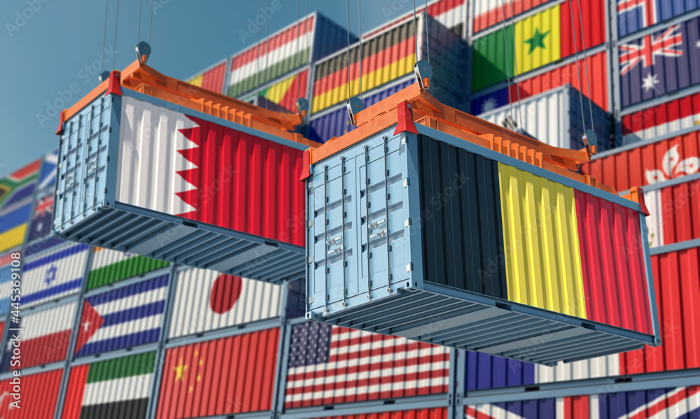 Freight containers with Belgium and Bahrain flag. 3D Rendering 