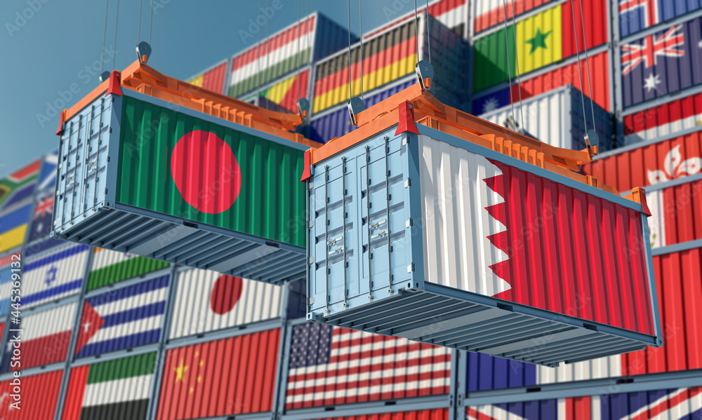 Freight containers with Bangladesh and Bahrain flag. 3D Rendering 