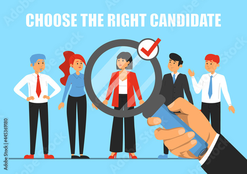 Giant hand with magnifying glass choosing candidate for a job vector illustration. Idea of recruitment and human resources. Happy employee. Group of people