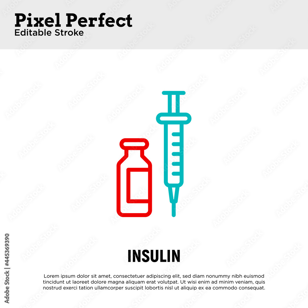 Insulin: ampoule and syringe. Thin line icon. Medical treatment for diabetes. Pixel perfect, editable stroke. Vector illustration. Insulin: ampoule and syringe. Thin line icon. Medical treatment for diabetes. Pixel perfect, editable stroke. Vector illustration.