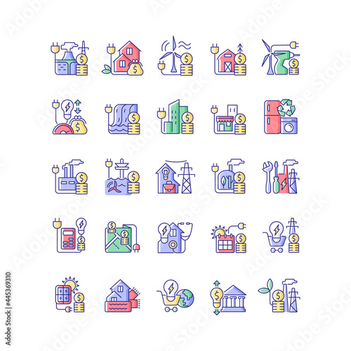 Energy purchase RGB color icons set. Alternative renewable electrical power cost. Utility service payment. Isolated vector illustrations. Energy prices simple filled line drawings collection