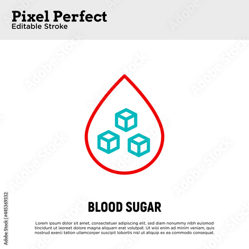 Blood sugar thin line icon. Droplet of blood with pieces of sugar inside. Diabetes diagnostics. Pixel perfect, editable stroke. Vector illustration.
