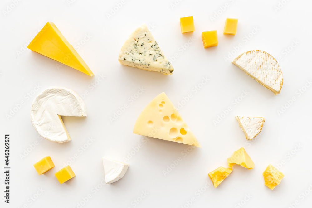 Dairy products - various types of cheese top view - obrazy, fototapety, plakaty 