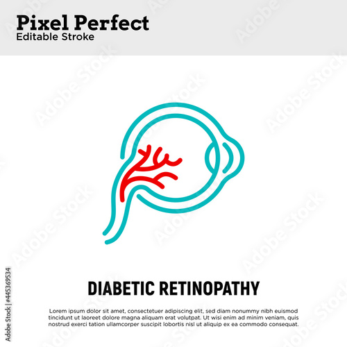 Diabetic retinopathy thin line icon. Ophthalmology. Damage of eyeball because of diabetes mellitus disease. Pixel perfect, editable stroke. Vector illustration. photo