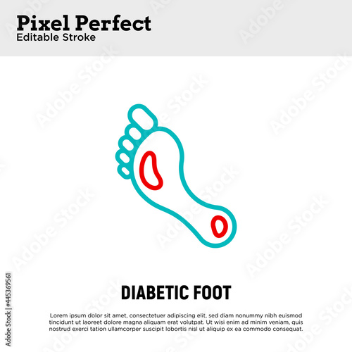 Diabetic foot thin line icon. Open sores on the feet. Pixel perfect, editable stroke. Vector illustration.