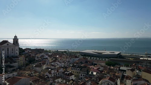 View over the empty Harbour of Alfama in Lisbon Portugal, because of Covid19, empty of tourism, beautiful view