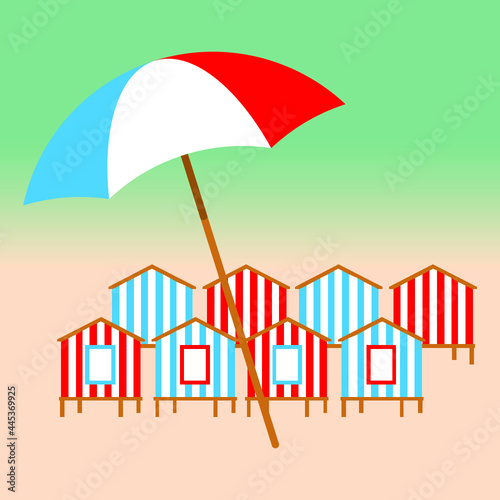 Summer holiday concept. Beach Umbrella and Beach Huts on the seacoast