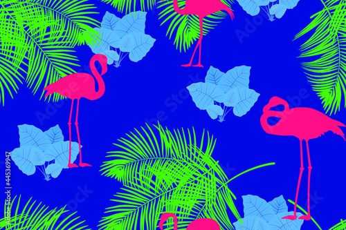 Tropical seamless pattern with flamingos, palm trees and jungle plants. 