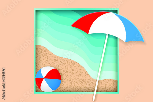 Summer holiday concept. Beach Umbrellal and Bright ball on the seacoast