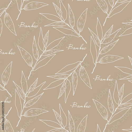 Fototapeta Naklejka Na Ścianę i Meble -  Seamless pattern of bamboo branches and lettering. Contour illustration. Design for fabric, print, wallpaper, packaging, textiles.
