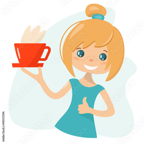 Cute girl with big red cup. She loves coffee and offers to drink it to restore energy and vitality. Cartoon vector illustration for advertising invigorating drinks. Enjoying a break from work,