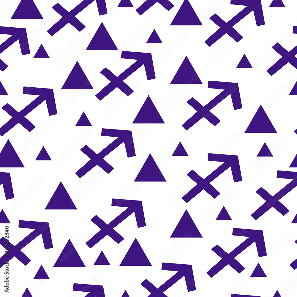 Seamless pattern of blue silhouettes of the zodiac sign Sagittarius and triangles of different sizes on a white background Seamless pattern of blue silhouettes of the zodiac sign Sagittarius and triangles of different sizes on a white background