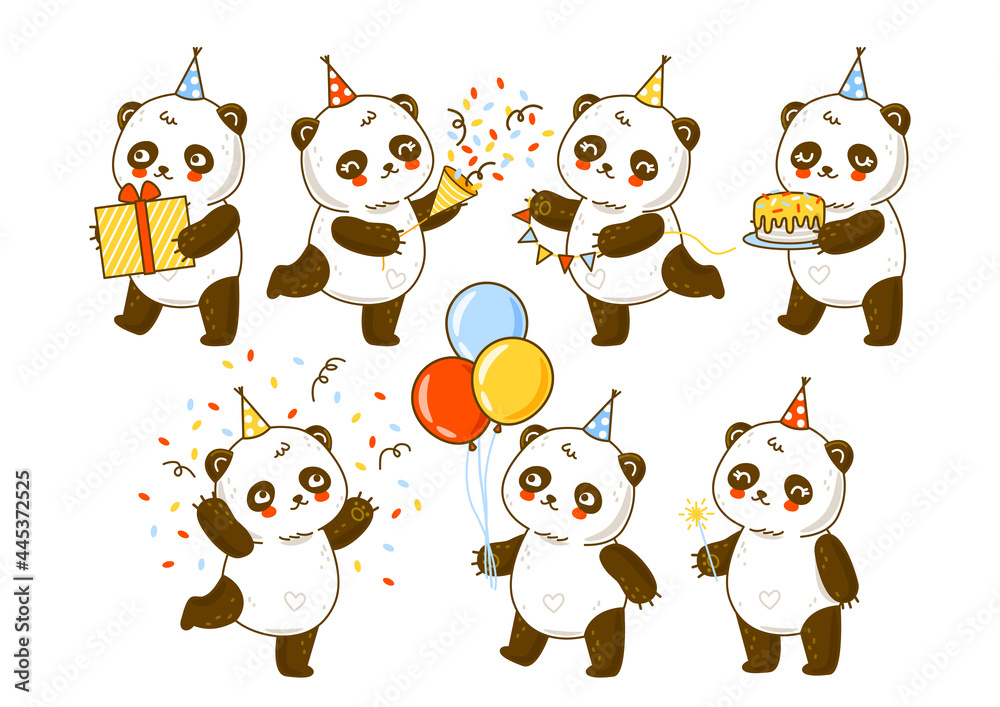 Set of cute panda bears isolated on white - cartoon characters for Birthday design
