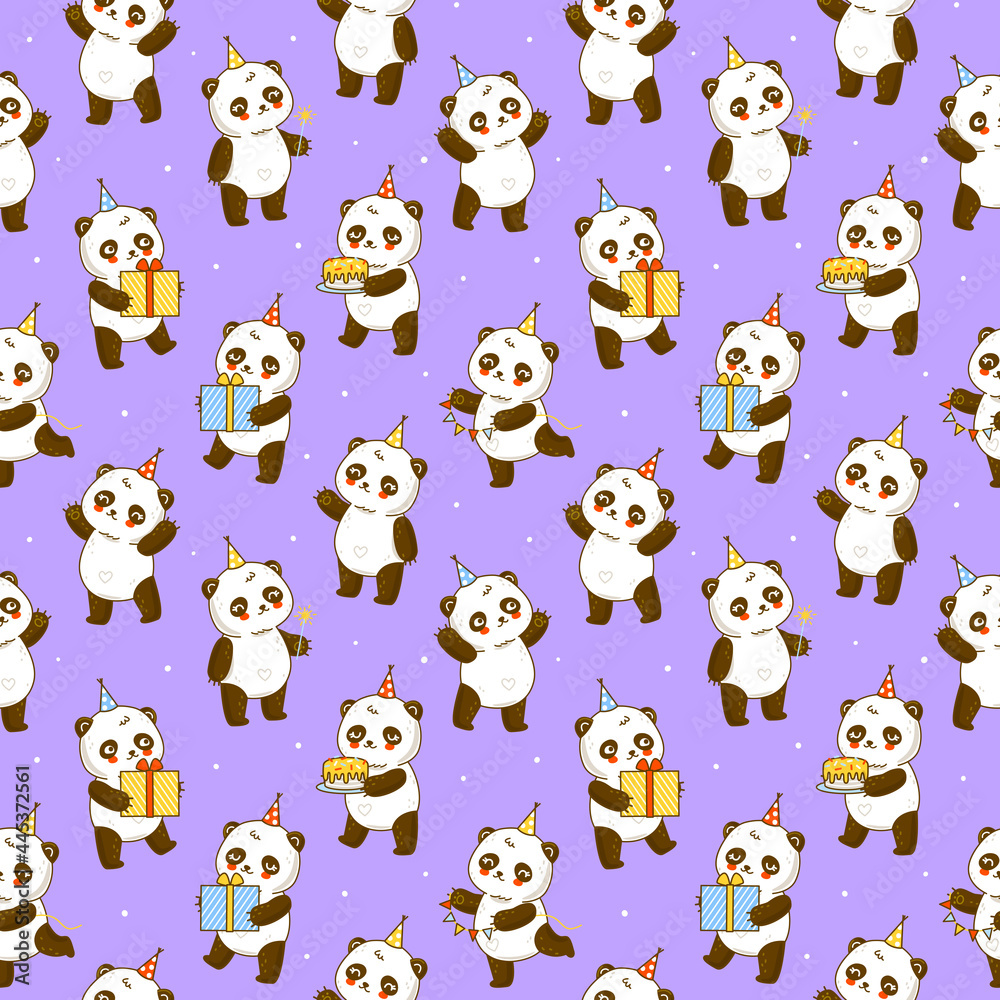 Seamless pattern with cute panda bears on purple - cartoon background for happy Birrthday wrapping design Seamless pattern with cute panda bears on purple - cartoon background for happy Birrthday wrapping design
