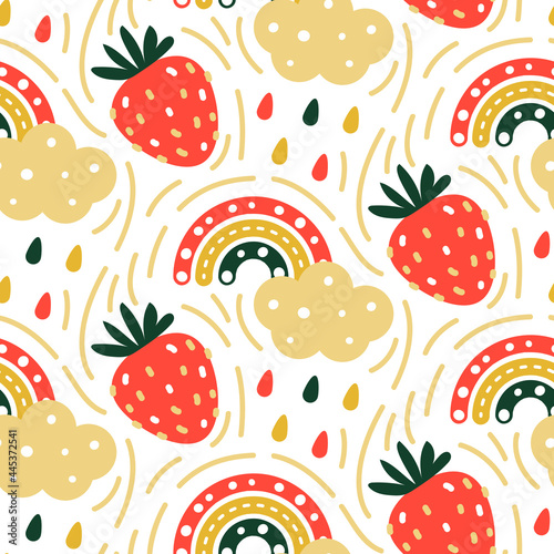 Seamless pattern with cute strawberries clouds and rainbows isolated on white - cartoon background for happy summer design