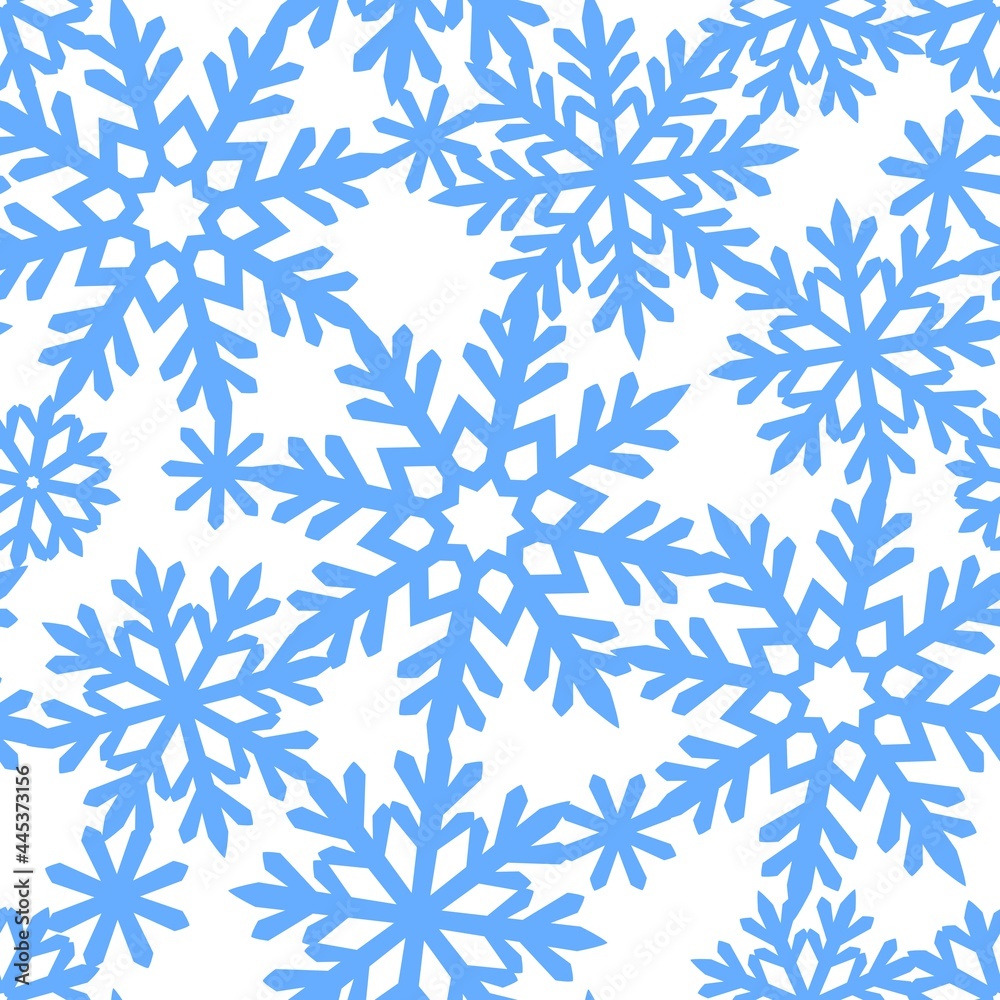 Square seamless pattern with snowflakes. Seasonal theme of snow christmas, winter, december. Blue snow on a white background. Infinitely repeating texture for fabric, wrapping paper. Vector image.