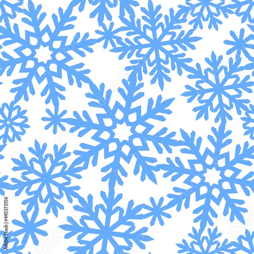 Square seamless pattern with snowflakes. Seasonal theme of snow christmas, winter, december. Blue snow on a white background. Infinitely repeating texture for fabric, wrapping paper. Vector image.