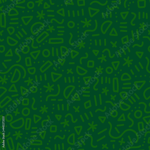 Memphis doodle pattern green seamless vector repeat. Cute simple background with hand drawn elements. Memphis style hipster line art backdrop for fabric, wallpaper, wrapping, abstract Christmas.