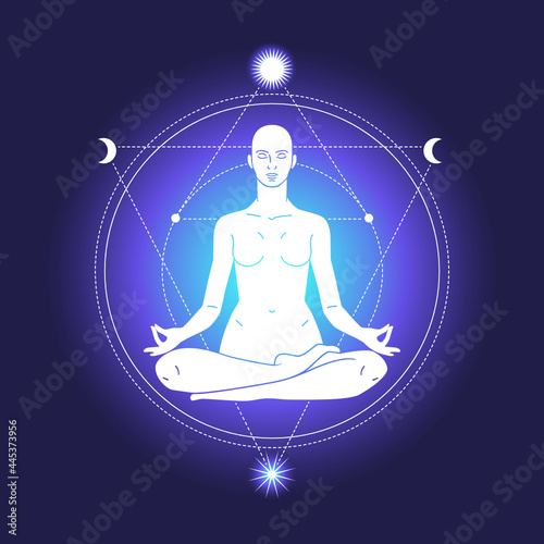 Sacred geometry. Woman ornate silhouette sitting in lotus position. Meditation, aura and chakras. 