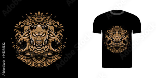 retro illustration cerberus for tshirt design, badge design character with engraving ornament photo