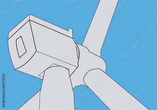 Primer plano de aerogenerador sobre cielo azul. Energías renovables. Energía eólica