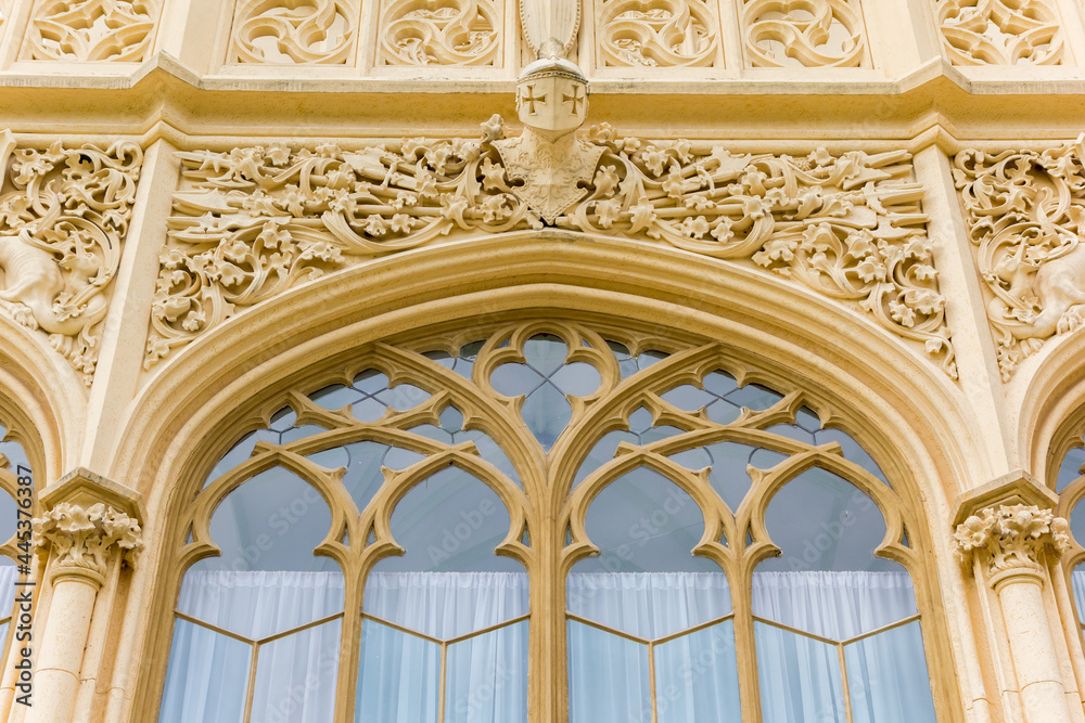 Closeup of a window of the historic castle in Lednice, Czech Republic