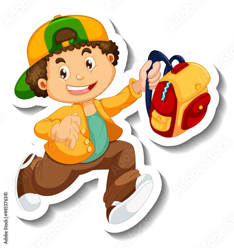 Sticker template with a boy holding backpack isolated