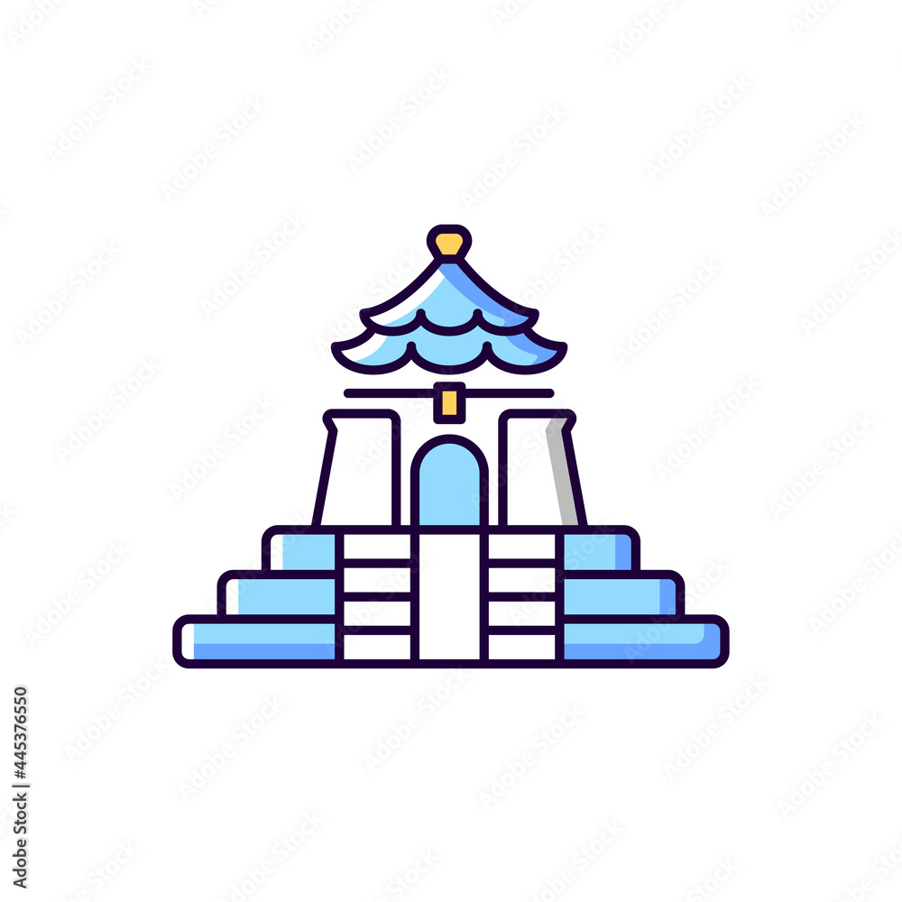 Chiang Kai shek Memorial Hall blue and white RGB color icon. Isolated vector illustration. Landmark tourist attraction. Taipei national building. Oriental architecture style simple filled line drawing Chiang Kai shek Memorial Hall blue and white RGB color icon. Isolated vector illustration. Landmark tourist attraction. Taipei national building. Oriental architecture style simple filled line drawing