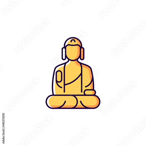 Shan buddha museum yellow RGB color icon. Isolated vector illustration. Buddhist faith architecture. Bliss statue. Mind state shrine. Taiwan memorial center part simple filled line drawing