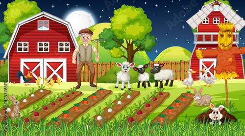 Farm scene at night with old farmer man and cute animals