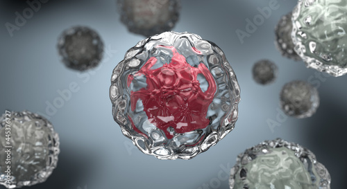 Coronavirus, cancer cell or embryonic stem cell. Medical research or pandemic prevention banner with microscopic disease image. Red bacteria or virus in clear mucus on grey background, 3d illustration photo