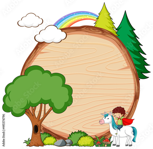 Empty wooden banner with fairy tale cartoon character and elements isolated