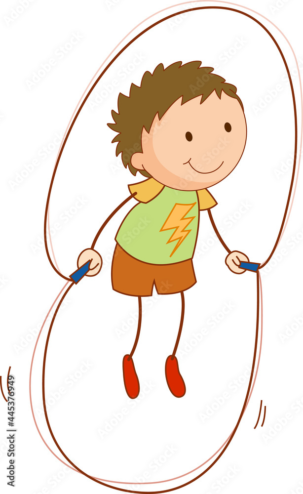 A doodle kid jumping rope cartoon character isolated A doodle kid jumping rope cartoon character isolated